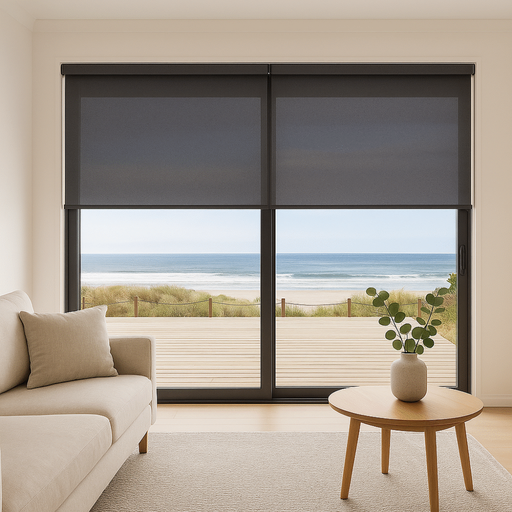 black sheer roller blind installed in a living room - Value Blinds NZ
