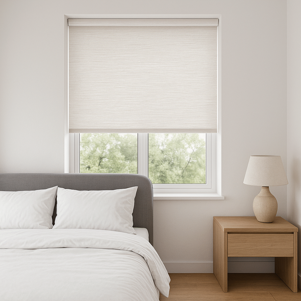 Ivory blackout roller blind installed in a bedroom - Value Blinds NZ