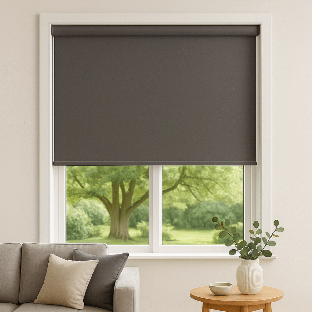 coal blackout roller blind installed in a living room - Value Blinds NZ
