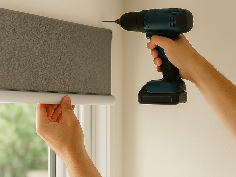 Hands installing roller blinds bracket on a window frame