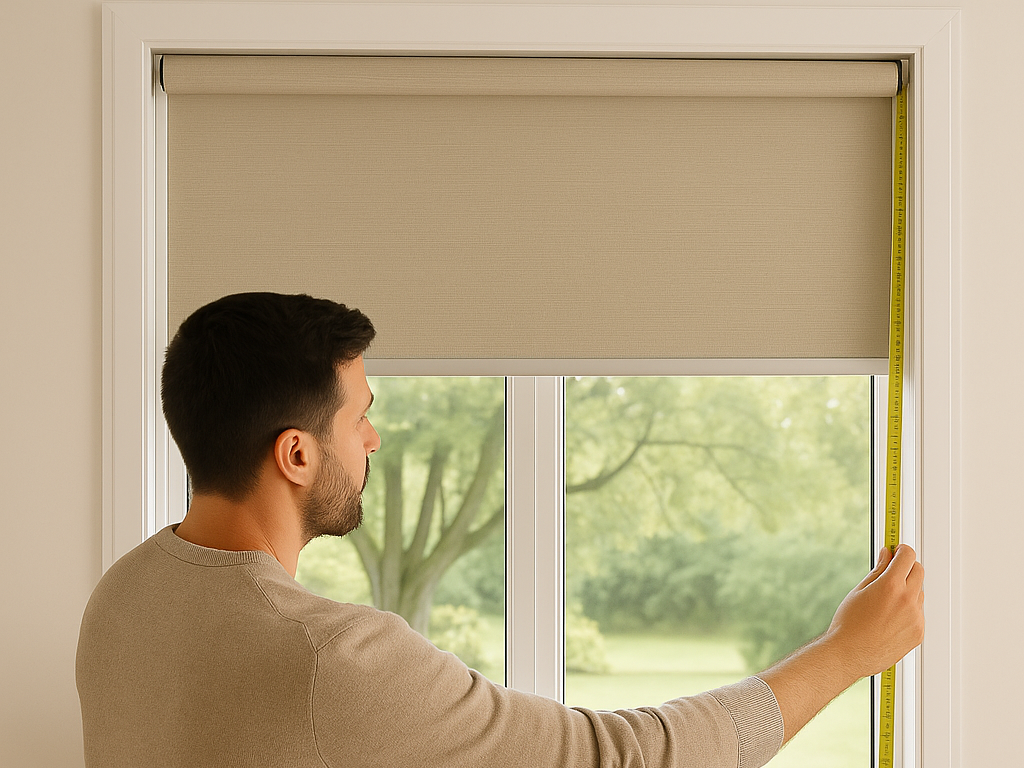 Close-up of hands measuring window size with a measuring tape for blinds installation