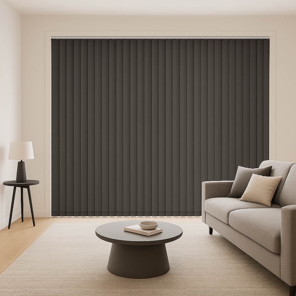 black blackout vertical blind installed in a living room - Value Blinds NZ